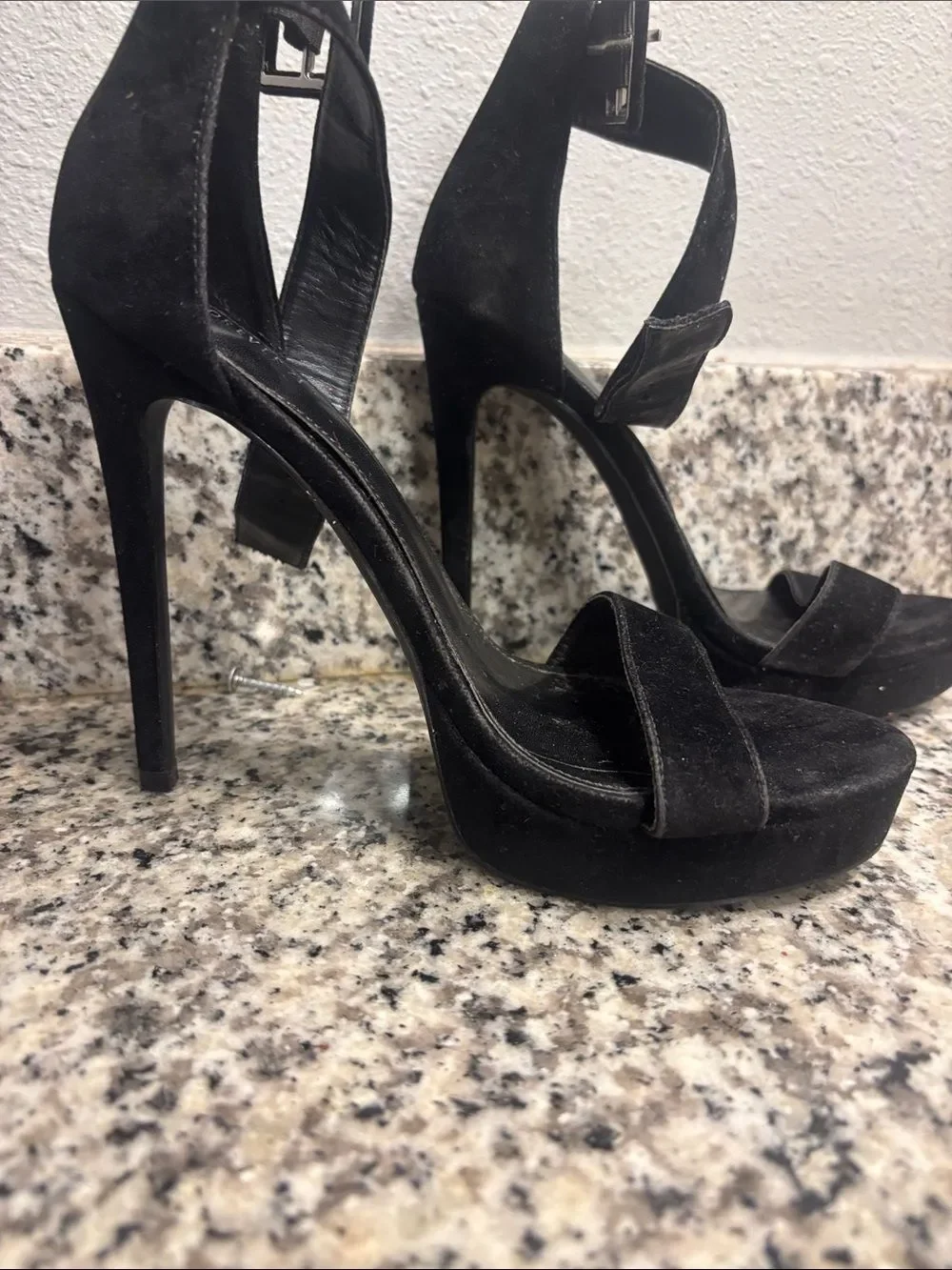 Forever 21 Black Suede Platform Ankle-Strap Stiletto Heels